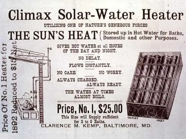 Primer calentador solar de agua Climax
